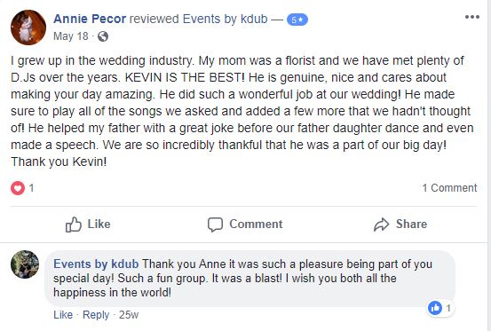 Review from facebook about great wedding services. DJ Kdub, MC, DJ, Music, Oregon, Entertainment, Receptions, Weddings, Speaker system, Reviews