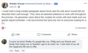 Events Review from facebook about great wedding services. DJ Kdub, MC, DJ, Music, Oregon, Entertainment, Receptions, Weddings, Speaker system, Reviews Kevin Wise; Events by Kdub; Oregon DJ; Wedding DJ; Professional wedding mc; Dance Wedding Reception;