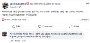 Review from facebook about great wedding services. DJ Kdub, MC, DJ, Music, Oregon, Entertainment, Receptions, Weddings, Speaker system, Reviews Events by Kevin Wise; Events by Kdub; Oregon DJ; Wedding DJ; Professional wedding mc; Dance Wedding Reception;