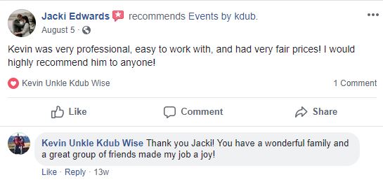 Review from facebook about great wedding services. DJ Kdub, MC, DJ, Music, Oregon, Entertainment, Receptions, Weddings, Speaker system, Reviews Events by Kevin Wise; Events by Kdub; Oregon DJ; Wedding DJ; Professional wedding mc; Dance Wedding Reception;